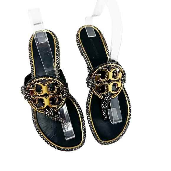 TORY BURCH Black Reptile Snake Gold Metallic Metal Miller Sandal Size 7 - Picture 3 of 10